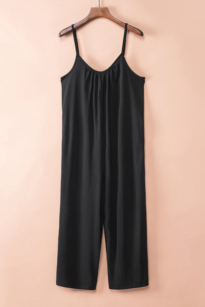 Black Spaghetti Straps Wide Leg Pocketed Jumpsuits - LA Grand