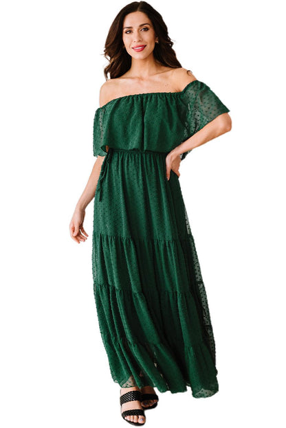 Verde Sunshine Off-Shoulder Swiss Dot Maxi Dress - LA Grand