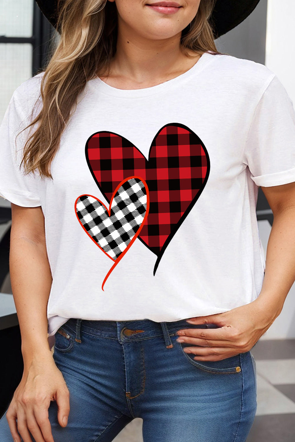 White Plaid Heart Shaped Crewneck Plus Size T Shirt - LA Grand