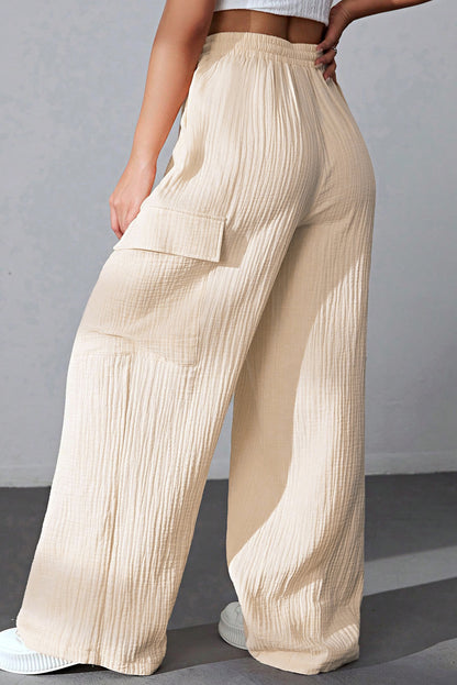 Apricot Loose Drawstring High Waist Crinkled Cargo Pants - LA Grand