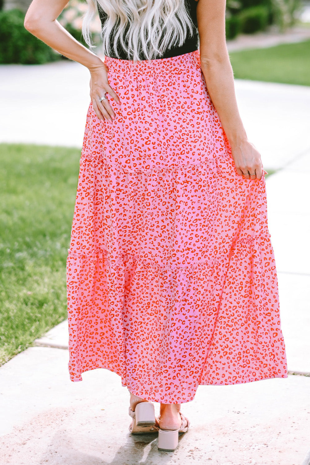 Pink Leopard Print Frilled Drawstring High Waist Maxi Skirt - LA Grand