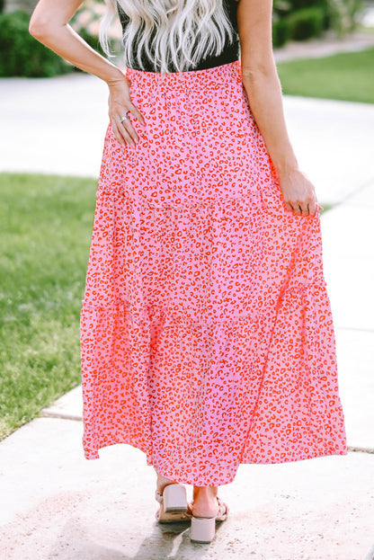 Pink Leopard Print Frilled Drawstring High Waist Maxi Skirt - LA Grand