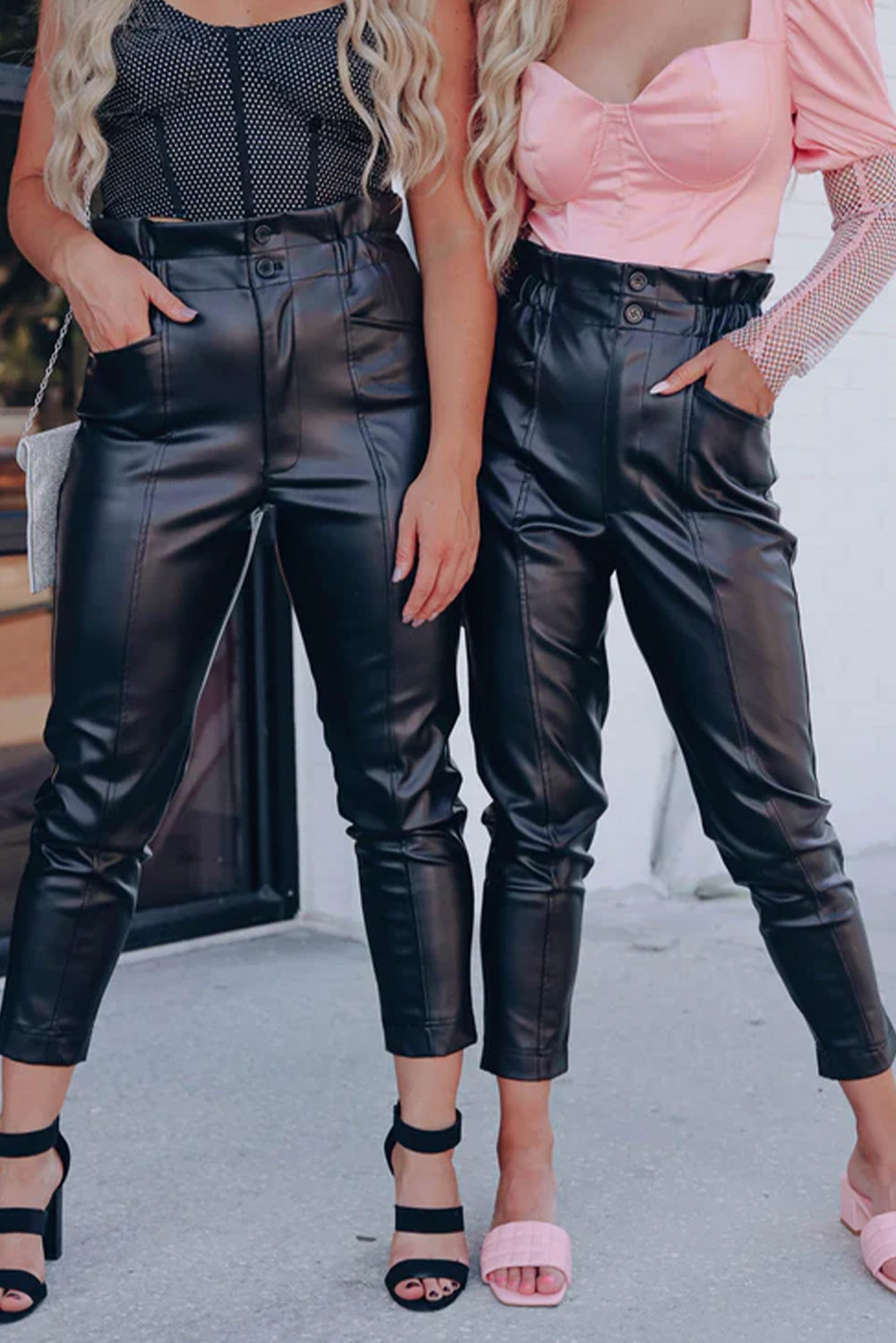 Black Smocked High Waist Faux Leather Skinny Pants - LA Grand