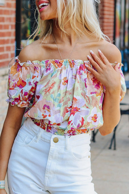 Multicolor Floral Print Off Shoulder Puff Sleeve Blouse - LA Grand