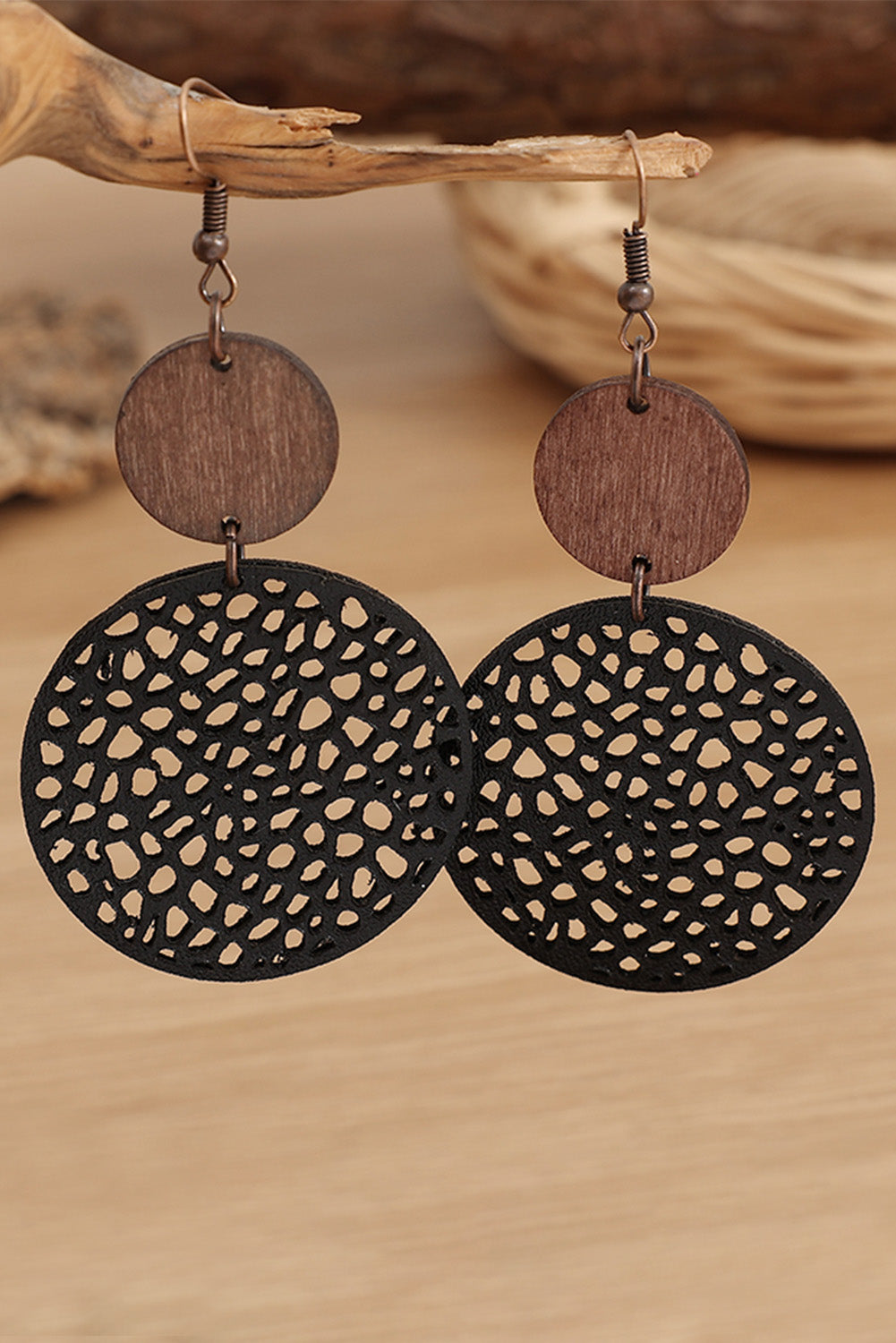 Beige Hollow Out Wooden Round Drop Earrings - LA Grand