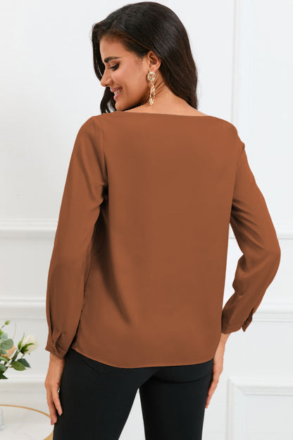 Apricot Solid Asymmetric V Neck Long Sleeve Satin Blouse - LA Grand