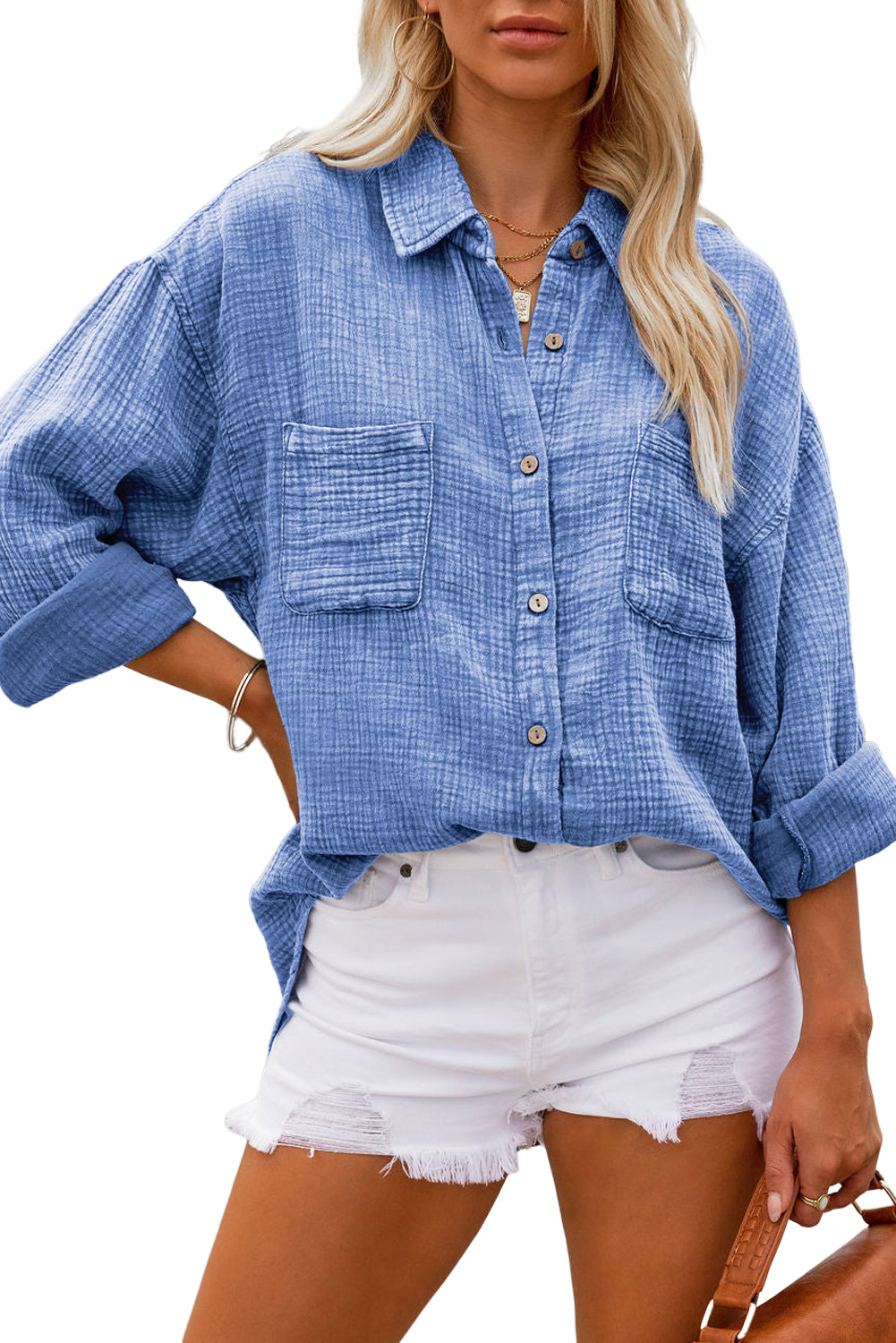 Sky Blue Mineral Wash Crinkle Textured Chest Pockets Shirt - LA Grand