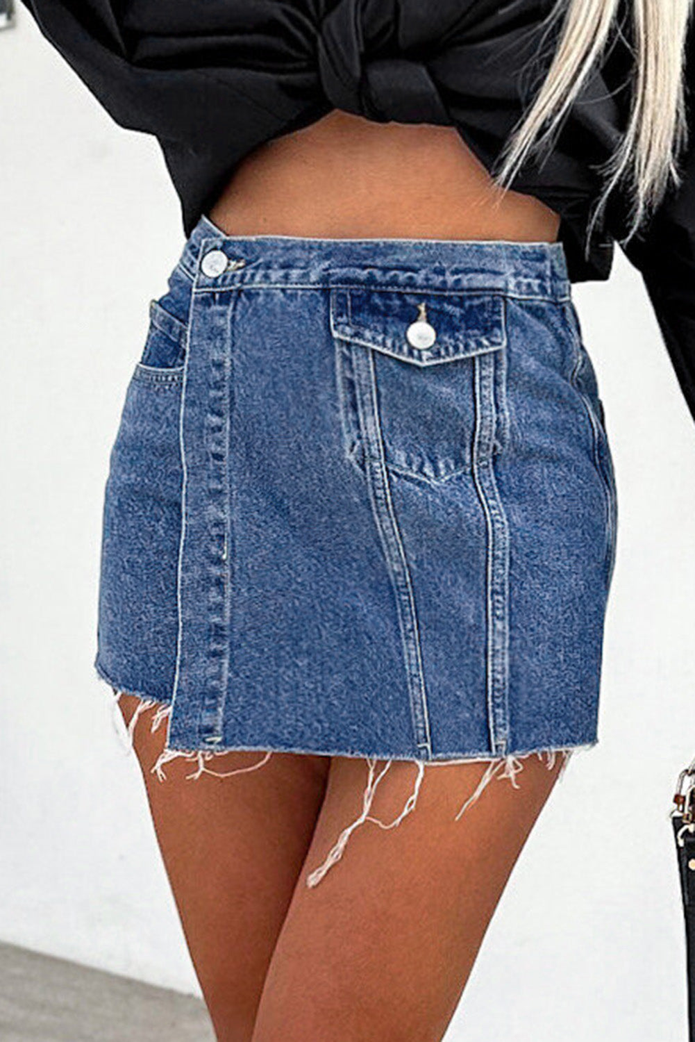 Sky Blue Button Wrap Over Raw Hem Denim Shorts - LA Grand