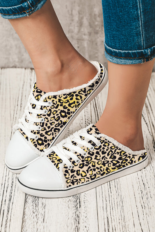 Chestnut Leopard Print Lace Up Decor Canvas Slip On Shoes - LA Grand