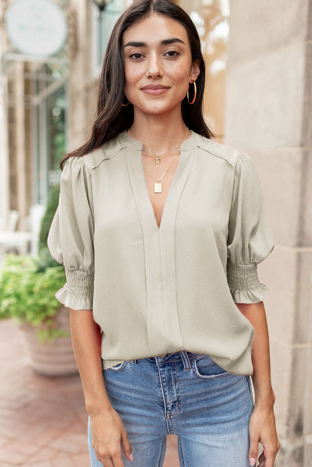 Fiery Red Solid Color Half Sleeve V Neck Blouse - LA Grand