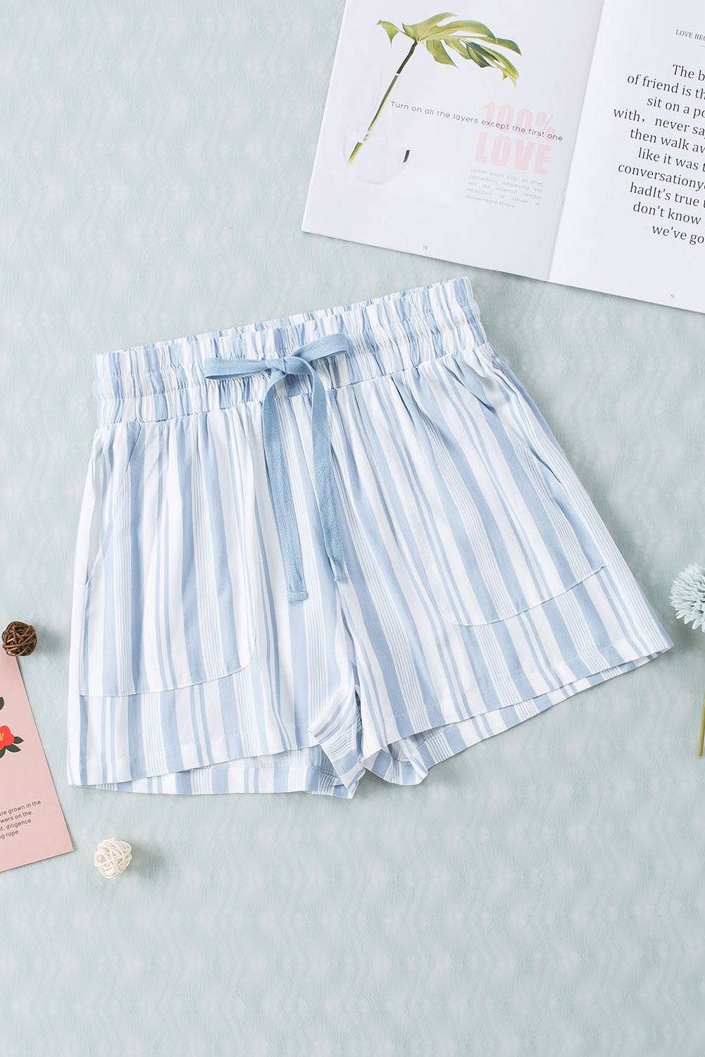 Sky Blue Vertical Stripes Print Shorts with Pockets - LA Grand