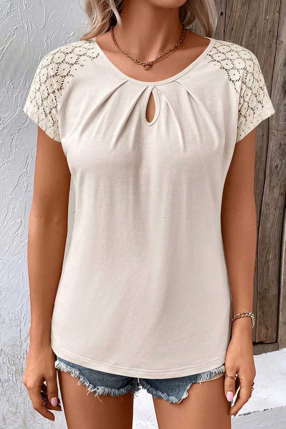 White Contrast Lace Sleeve Keyhole Decor Top - LA Grand