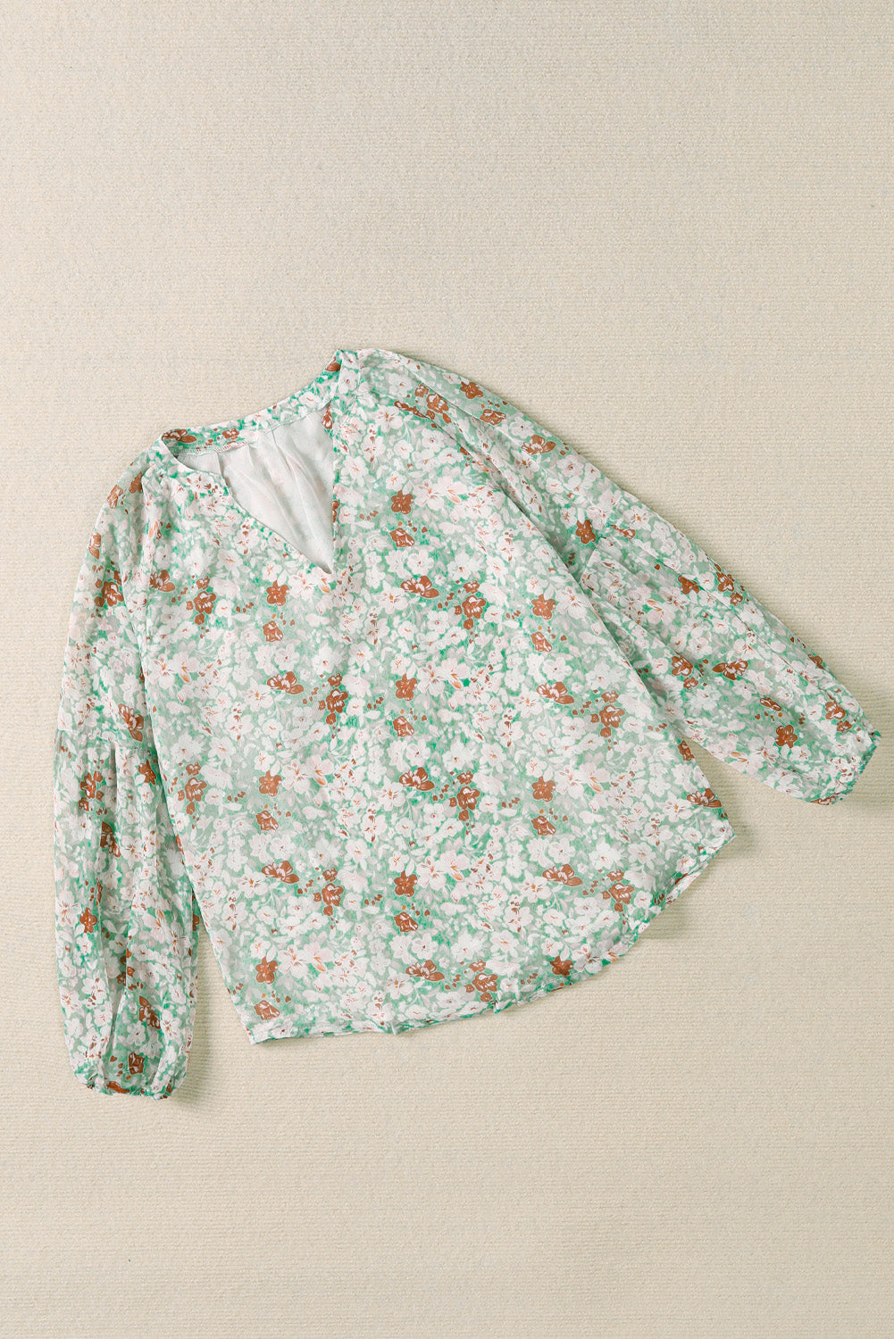 White Floral Print V Neck Long Puff Sleeve Top - LA Grand