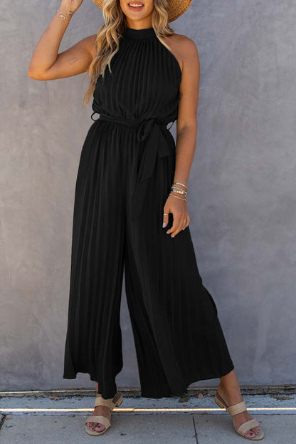 Black Halter Neck Pleated Wide Leg Jumpsuit with Belt - LA Grand