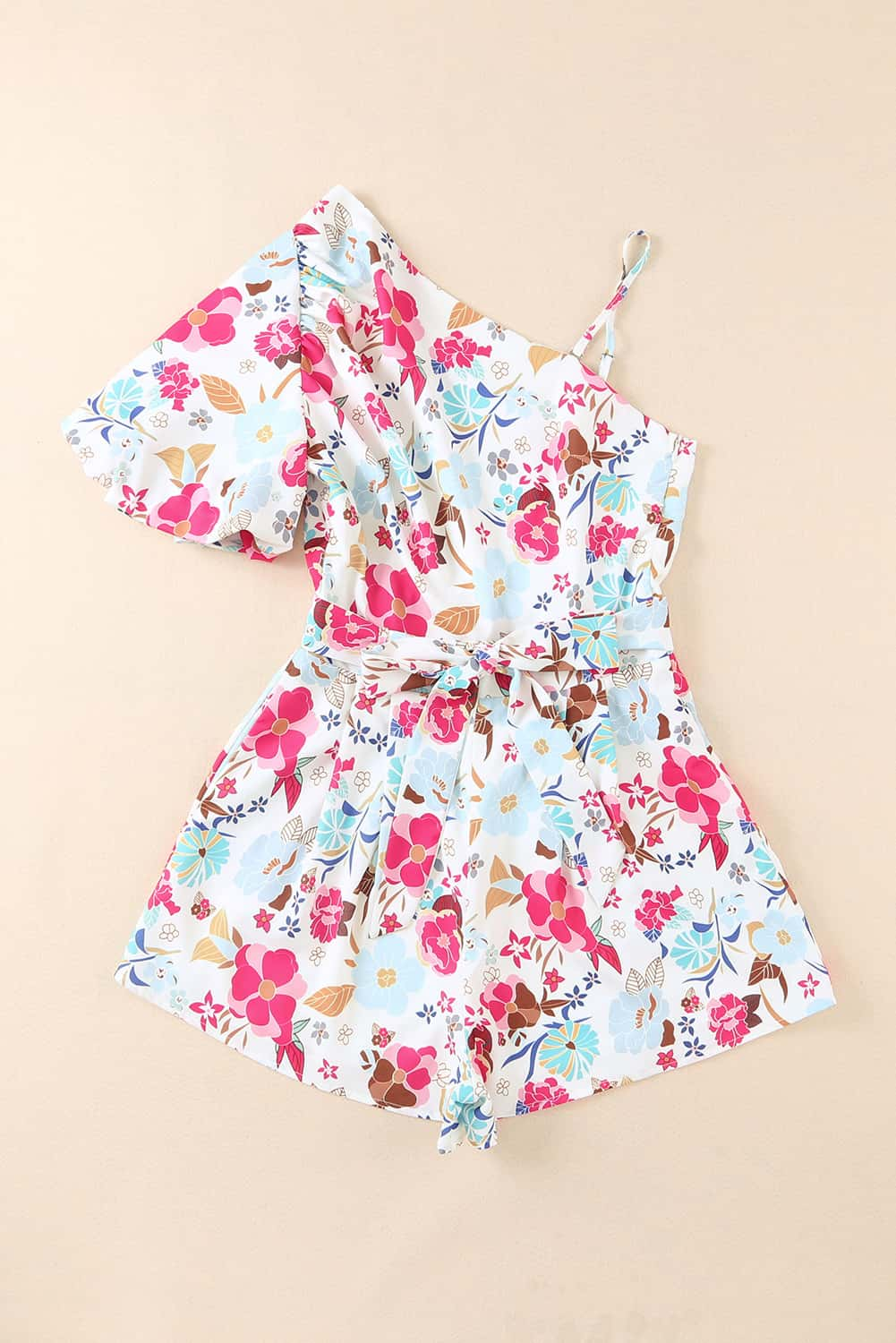 White Floral Single Bubble Sleeve Slant Shoulder Romper - LA Grand