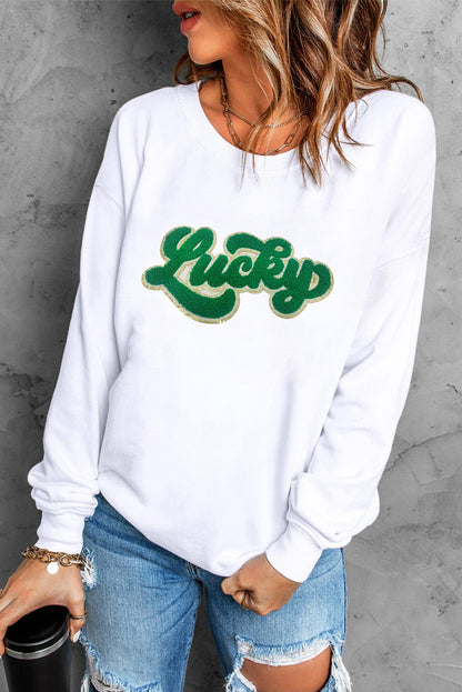 White Shiny Trim Chenille Lucky Pattern Sweatshirt - LA Grand