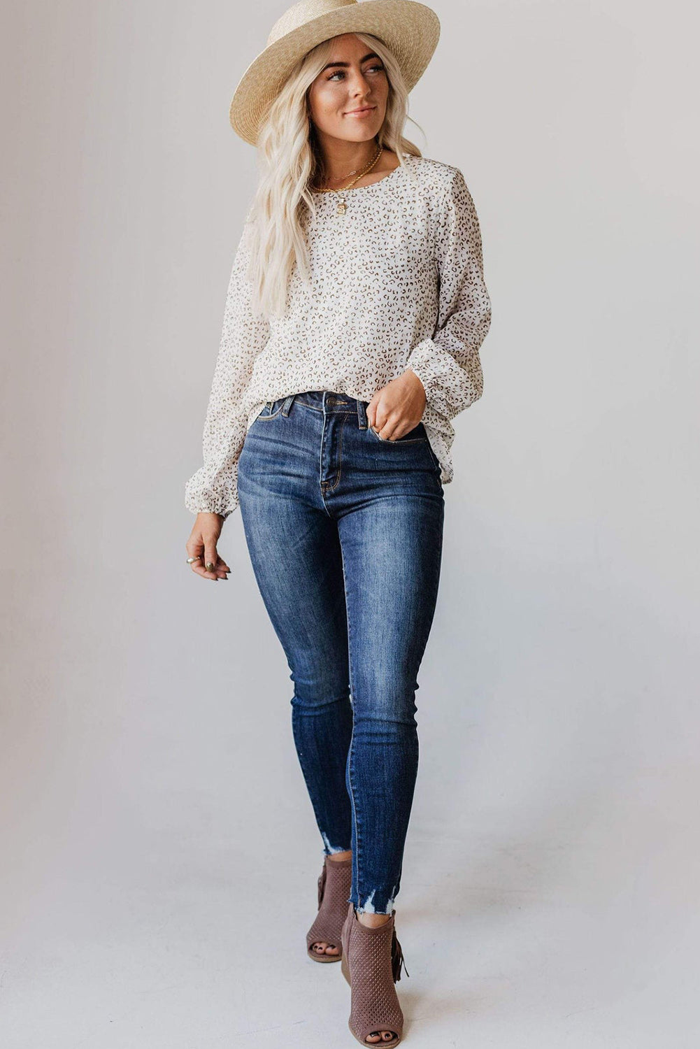 Leopard Crew Neck Long Sleeve Blouse - LA Grand