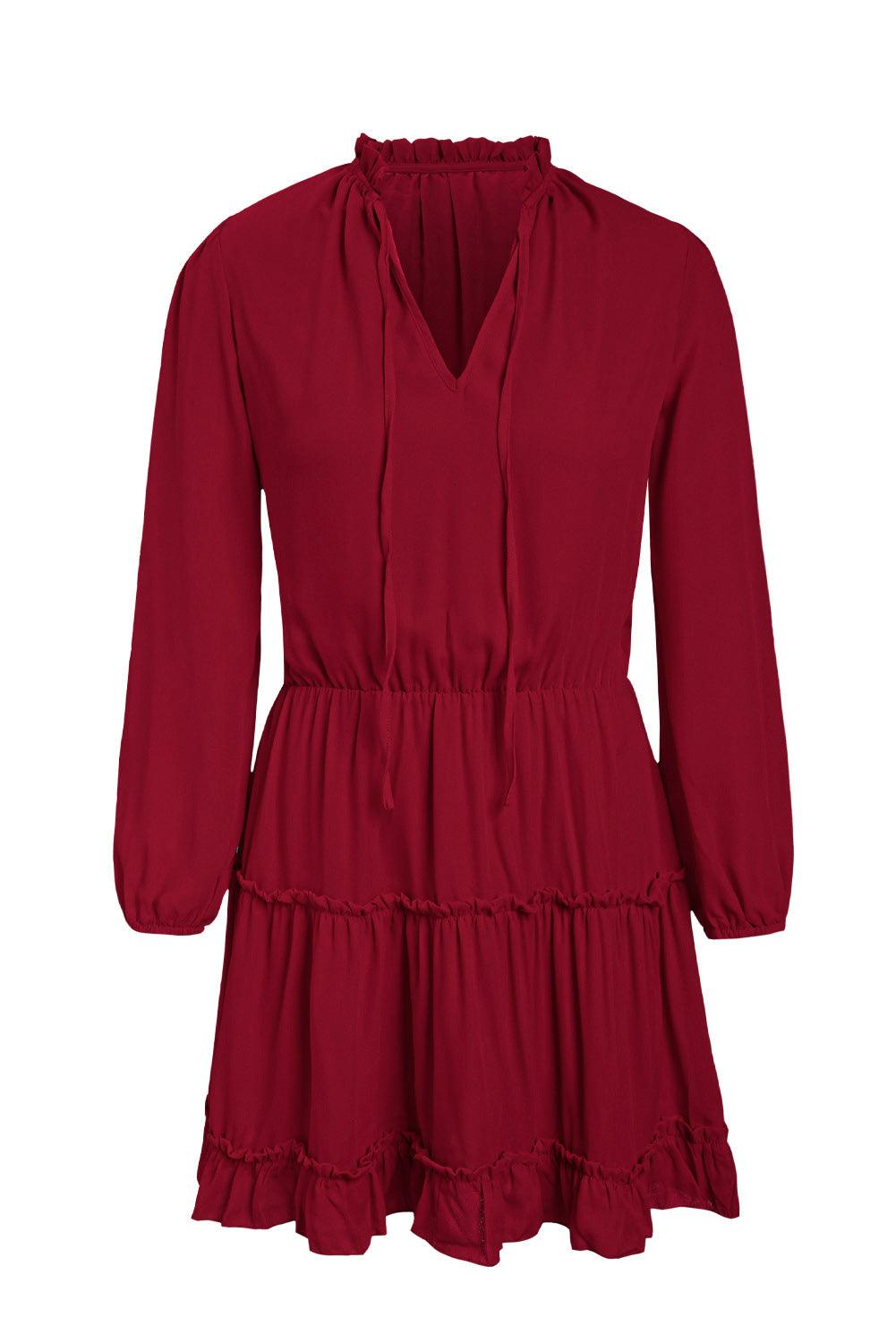 V Neck Long Sleeve Ruffle Tiered Mini Dress - LA Grand