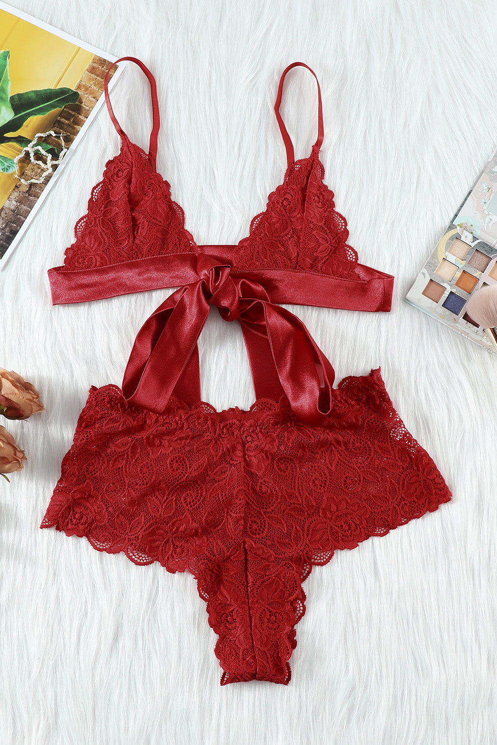 Romantic Love Fiery Red Lace Bralette Lingerie Set - LA Grand