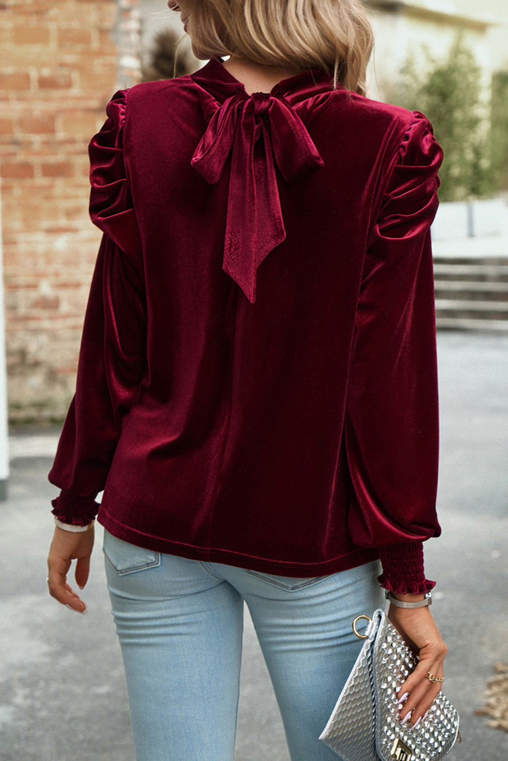 Peach Blossom Fiery Mock Neck Puff Sleeve Velvet Blouse - LA Grand