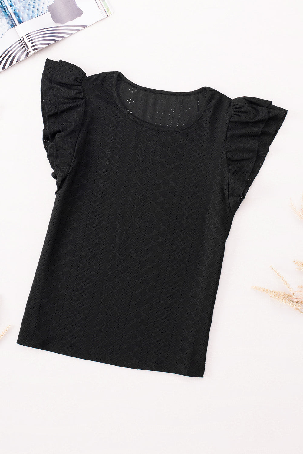 Black Rhombus Textured Ruffle Short Sleeve Blouse - LA Grand