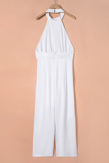 White Button Halterneck Elegant Wide Leg Jumpsuit - LA Grand