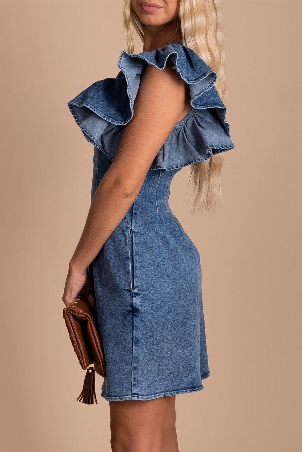 Blue Ruffle Pleated Denim Romper with Pockets - LA Grand