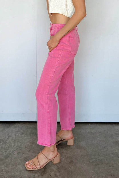 Pink Ankle-length Flare Leg Raw Hem Jeans - LA Grand