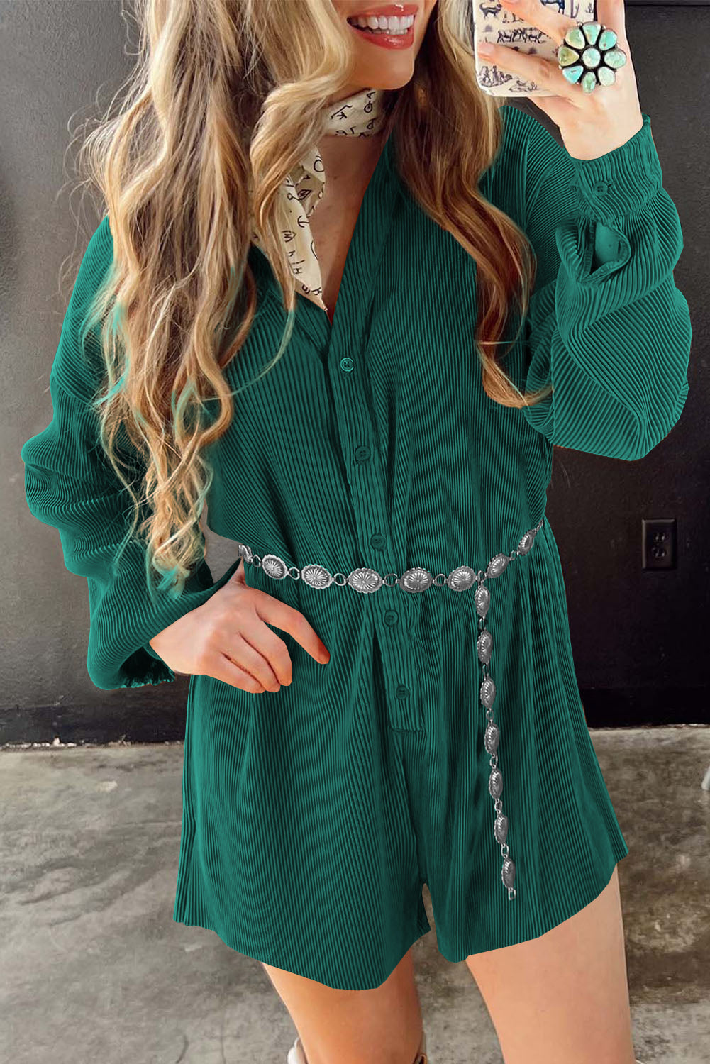 Sea Green Ribbed Long Sleeve Button Front Romper - LA Grand