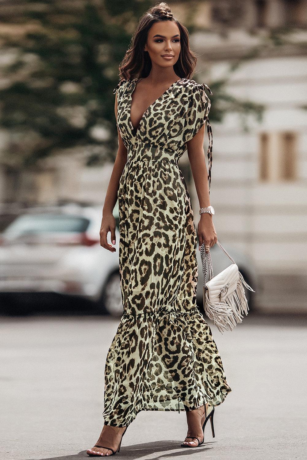 Elite Appeal: Leopard Print Drawstring V-Neck High Waist Long Dress - LA Grand