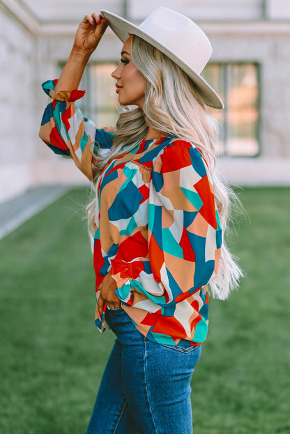 Abstract Pattern Crewneck Ruffled Puff Sleeve Blouse - LA Grand