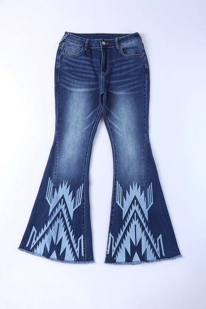 Blue Western Pattern High Rise Flare Jeans - LA Grand