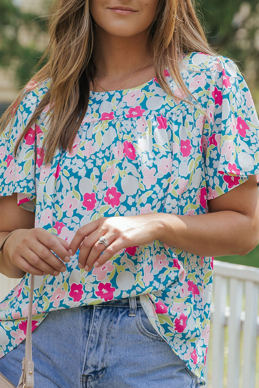 Sky Blue Floral Print O-neck Short Sleeve Babydoll Blouse - LA Grand