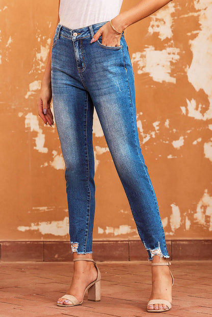 Blue Raw Hem Ankle-length Skinny Jeans - LA Grand