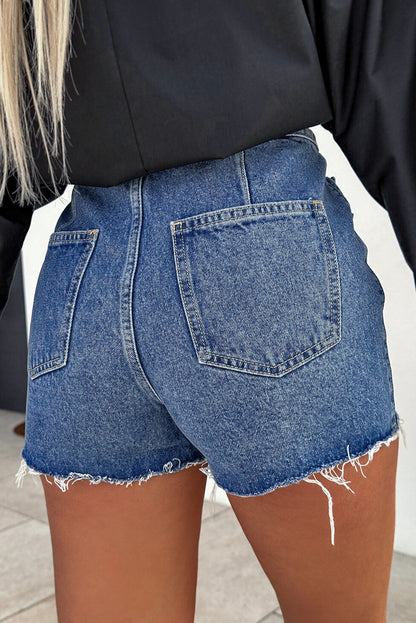 Sky Blue Button Wrap Over Raw Hem Denim Shorts - LA Grand