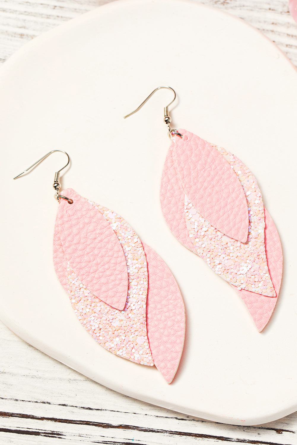 Light Pink Valentine PU Leaves Layered Earrings - LA Grand