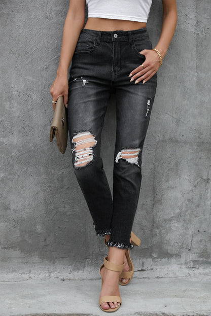 Blue Distressed Raw Hem Button Mid Waist Jeans - LA Grand