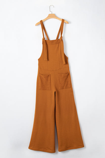 Brown Knotted Straps Patch Pocket Wide Leg Jumpsuit - LA Grand