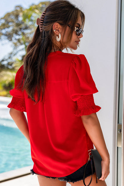 Fiery Red Solid Color Half Sleeve V Neck Blouse - LA Grand