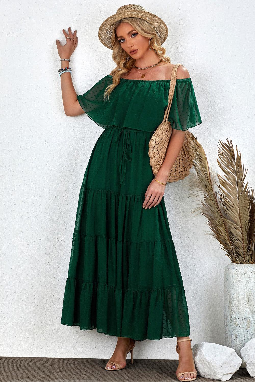 Verde Sunshine Off-Shoulder Swiss Dot Maxi Dress - LA Grand