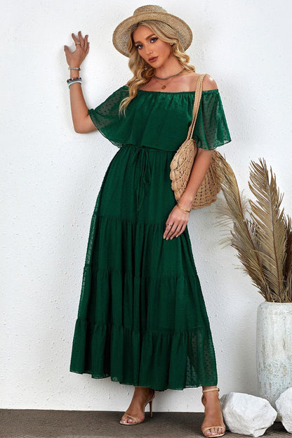 Verde Sunshine Off-Shoulder Swiss Dot Maxi Dress - LA Grand