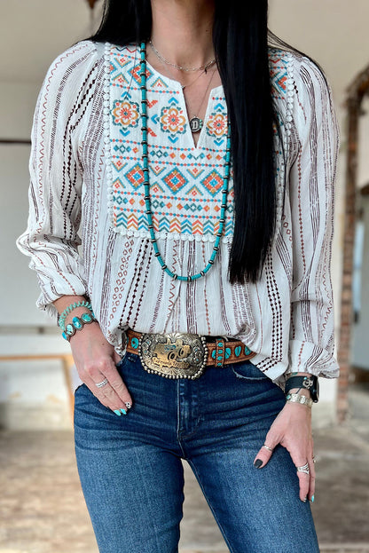 White Stripe Notched Neckline Striped Aztec Embroidered Blouse - LA Grand