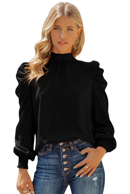 Orange Long Bubble Sleeve Mock Neck Chiffon Blouse - LA Grand