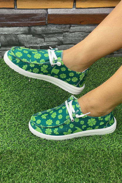 Blackish Green Clover Print Criss Cross Slip On Canvas Shoes - LA Grand