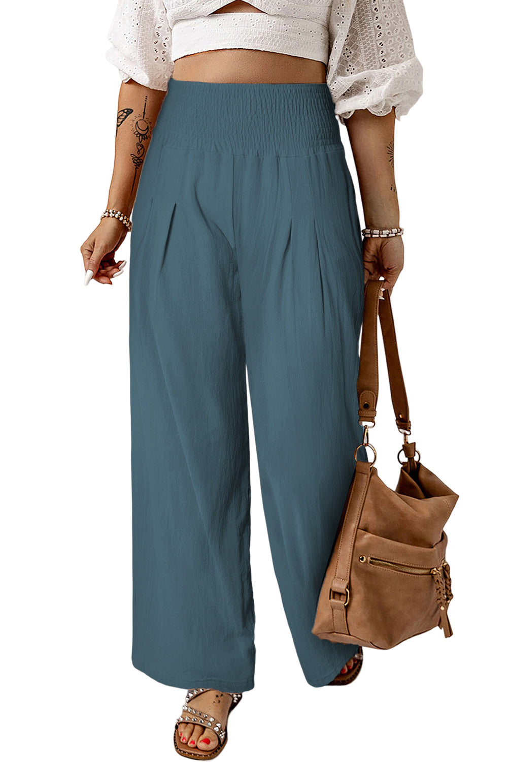 Sky Blue Smocked Wide Waistband High Waist Wide Leg Pants - LA Grand