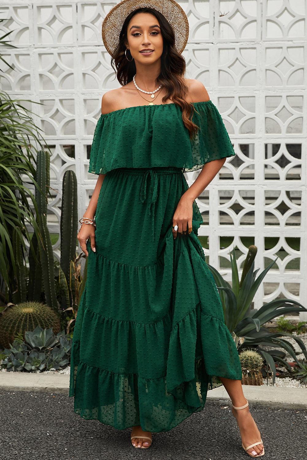 Verde Sunshine Off-Shoulder Swiss Dot Maxi Dress - LA Grand