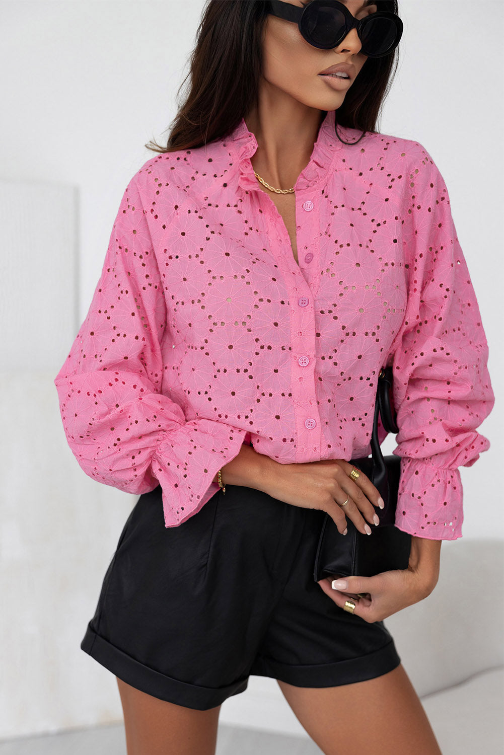 Pink Hollow Out Embroidered Floral Shirt - LA Grand