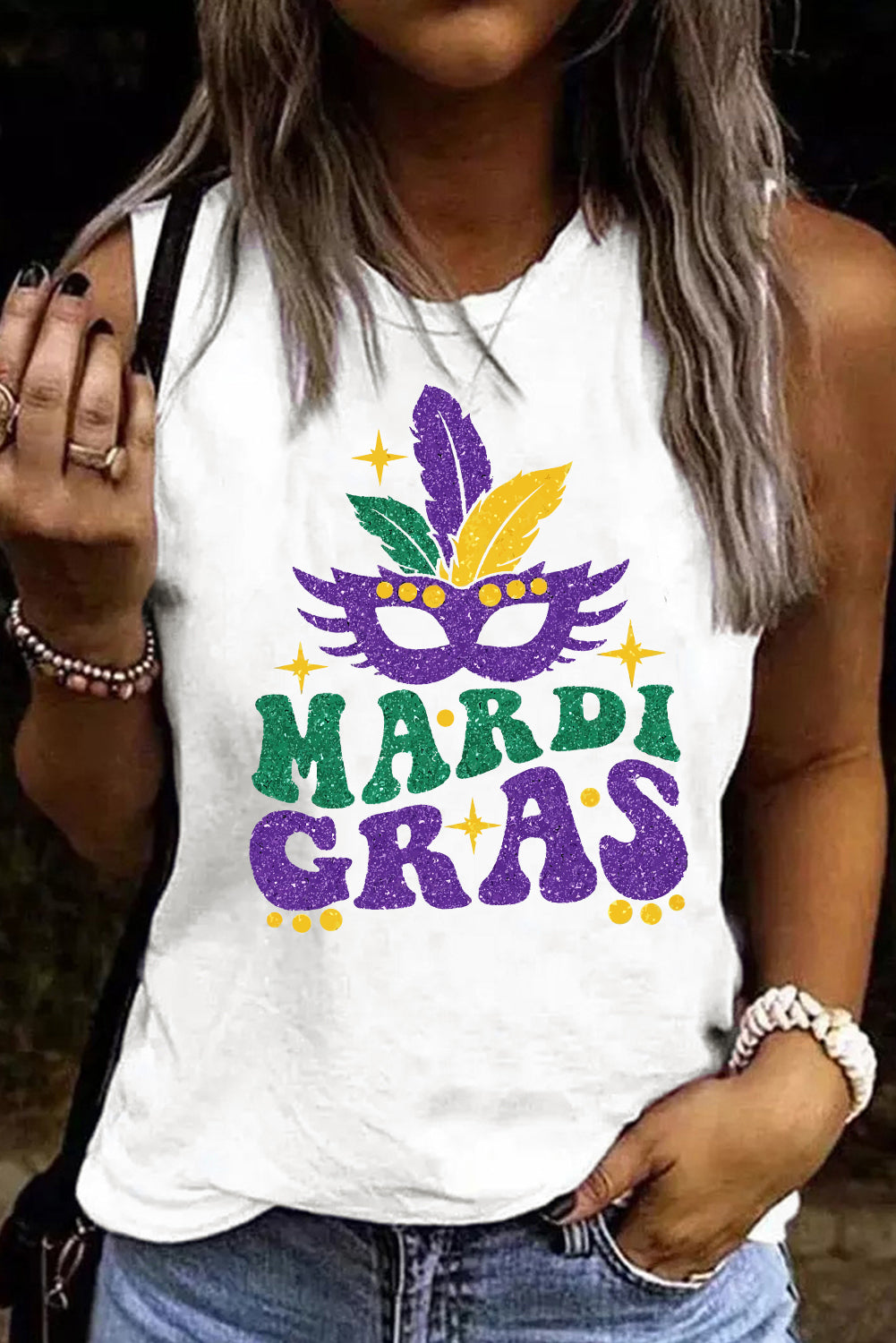 White MARDI GRAS Mask Glitter Pattern Print Graphic Tank Top - LA Grand