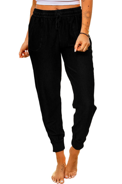 Black Elastic Waist Jogger Pants with Pockets - LA Grand