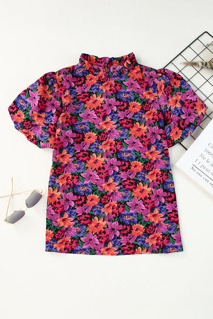 Multicolor Floral Print Round Neck Puff Sleeve Blouse - LA Grand